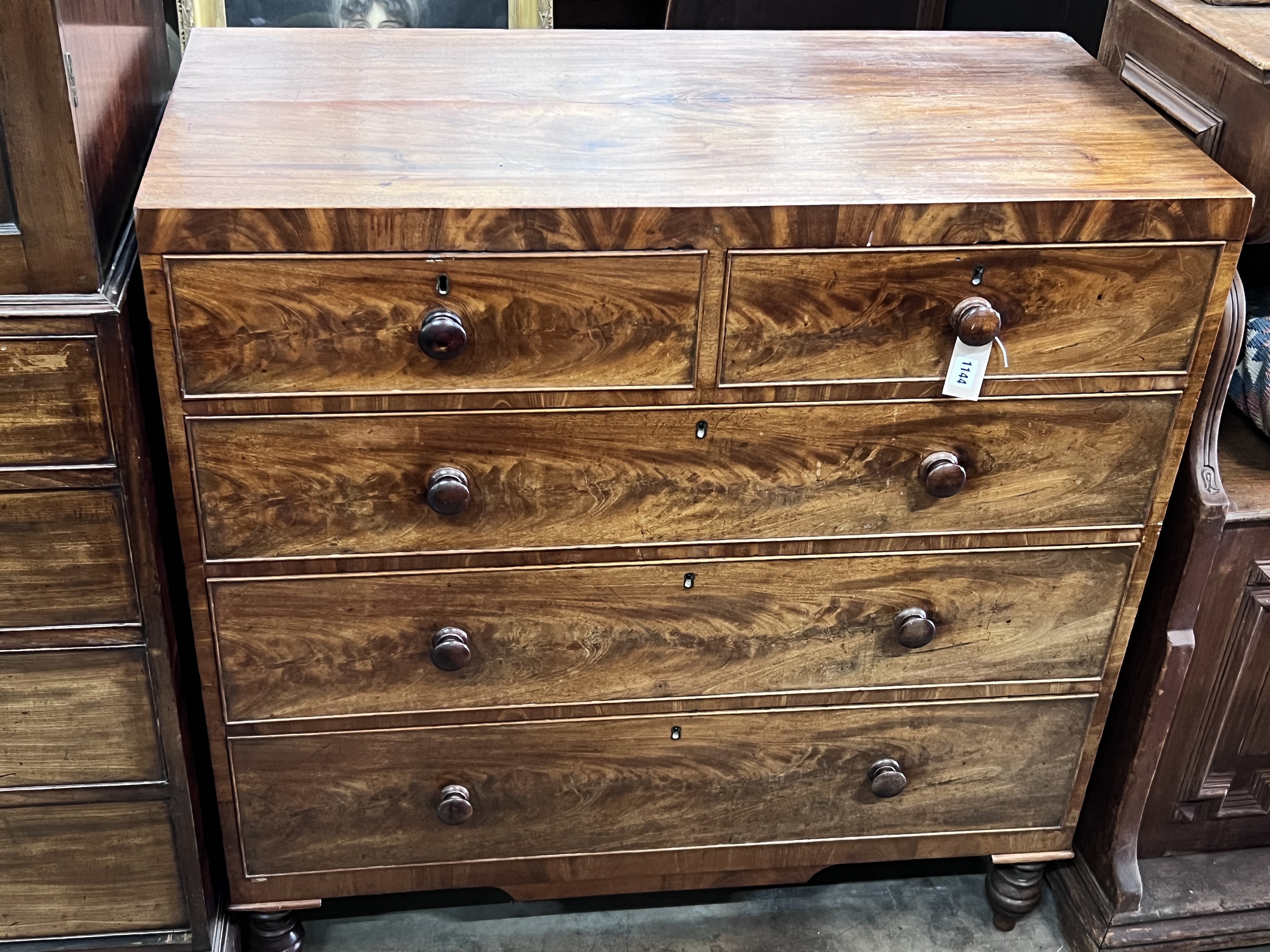 An early Victorian mahogany straight front chest of drawers, width 106cm, depth 52cm, height 109cm